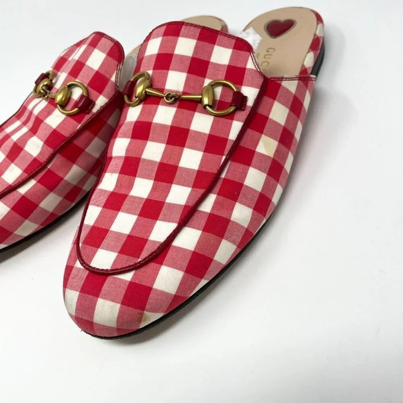Gucci Princetown Red Gingham Plaid Check Loafer Mule Slipper Size 37.5 / 7.5 - Picture 10 of 16